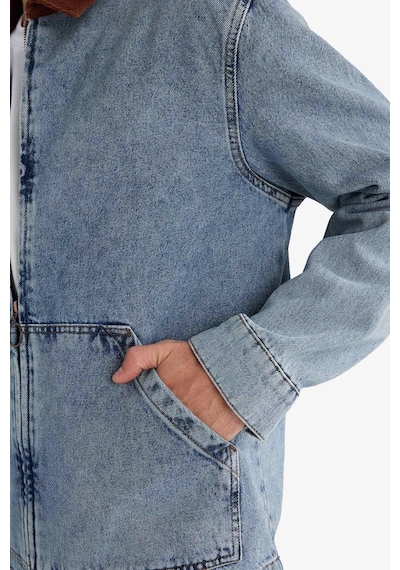 Defacto Relax Fit Kontrast Yaka Düğmeli Denim Ceket F8308ax25aunm39 Mavi