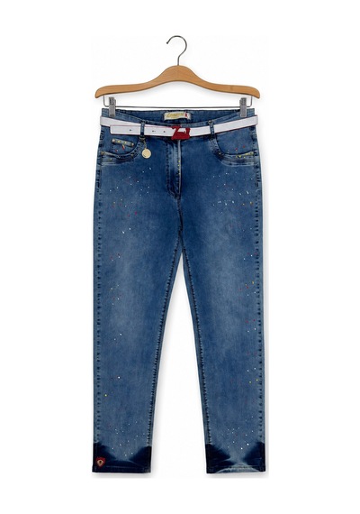 Büyük Beden Kemerli Likralı Denim Kadın Pantolon Mavi