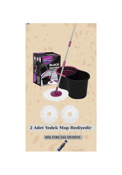 Mop Black Edition Döner Başlıklı Temizlik Seti Ve 2 Adet Yedek Mop