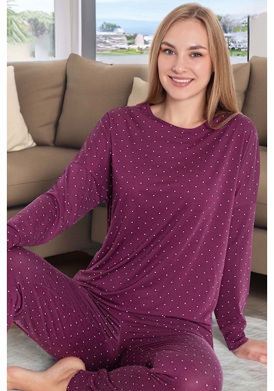 Aydoğan Kadın Puantiye Desen Uzun Kol Pijama Takımı 240987 Mürdüm MÜRDÜM
