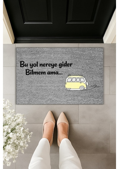 Rugmood Modern Dijital Baskı - Bu Yol Nereye Gider Bilmem Ama - Kapı Önü Paspası Gri