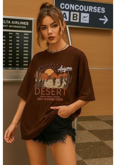 Desert Arızona Baskılı Unisex Tshırt Kahverengi