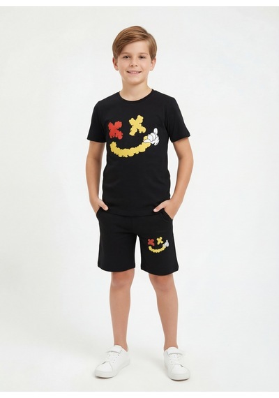 Fyk Kids Yuvarlak Yakalı Yazlık Emoji Baskı Detaylı Kaprili Erkek Çocuk Alt Üst Takım Siyah