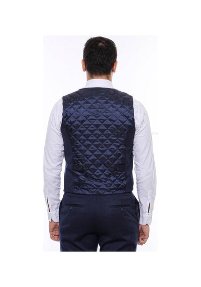Desenli Kruvaze Koyu Lacivert Erkek Yelek Pantolon Set - Wessi