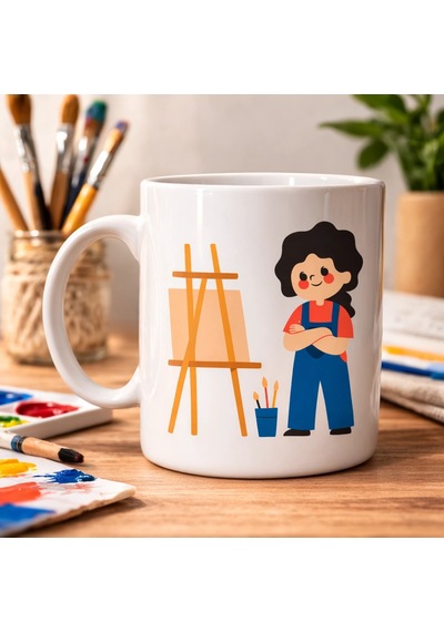 Ressam Tasarımlı Porselen Kupa Model 163 Sanatçı Temalı Kahve Kupası Ressam Hediyesi Sanat Sev Çok Renkli