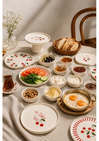 Vita Cherry 11 Parça 6 Kişilik Stackable Seramik Tabak Seti Sunum & Kahvaltı Takımı Ayaklı Sunum Standlı Kahvaltı Takımı Beyaz