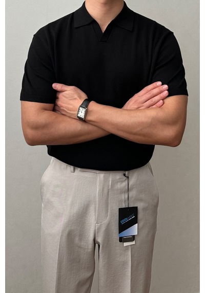 Cool Tarz Erkek Siyah Patlı Kısa Kollu Polo Yaka Triko T-shirt Siyah Siyah