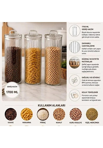 1400 Ml 3'lü Fitilli Cam Saklama Kavanozu Seti Cam Kapaklı Şeffaf Cam Erzak Bakliyat Makarna Kahve Saklama Kabı Çok Renkli