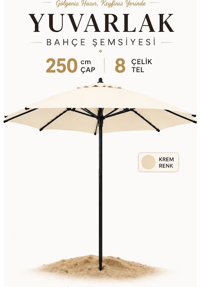 Alubrella Bahçe,güneş Şemsiyesi Krem Renk Yuvarlak 250 Cm Çap/8 Çelik Tel Bidonsuz Antrasit