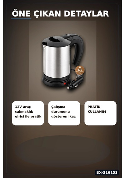 Araç İçi Su Isıtıcı Kettle 12v Çakmaklık Girişli Paslanmaz Çelik Termos Bardak Bx-316153