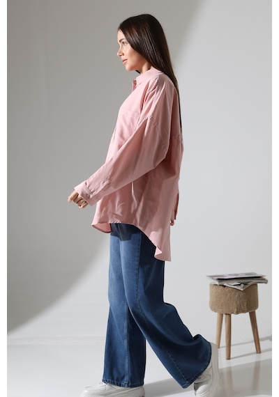Yeni Sezon Poplin Kumaş Çift Cepli Oversize Pamuklu Kadın Tunik Gömlek Açık Pembe