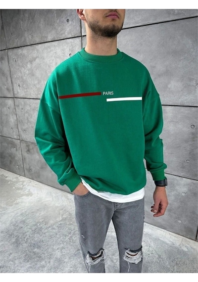 Paris Çizgili Sweatshirt - Yeşil Baskılı Oversize Bisiklet Yaka Yeşil