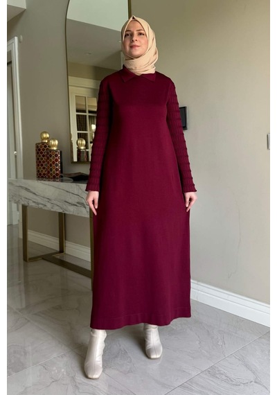Rabia Şamlı Şölen Fularlı Triko Elbise Bordo Normal