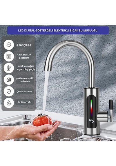 Dijital Göstergeli Elektrikli Anında Su Isıtıcılı Musluk Paslanmaz Çelik Mutfak & Banyo Gri