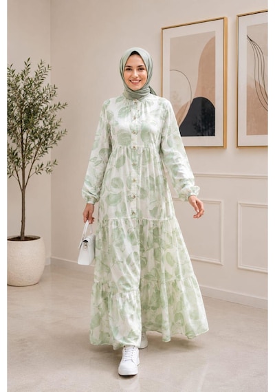 Hb Harma Time Butik Kadın Düğmeli Desenli Modal Kumaş Haki Elbise Haki Haki