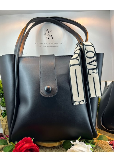 Amoura Kontrast Biye Detaylı Modern Dikey Tote Çanta Love Askılı Siyah