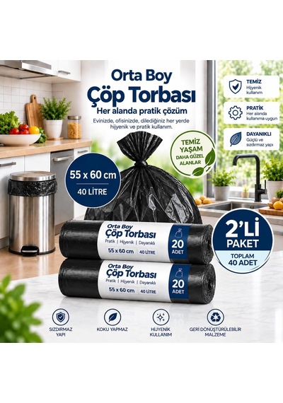 Çöp Torbası Orta Boy,55x60cm,sızdırmaz,dayanıklı,ruloda 20 Adet, Siyah2rulo