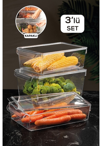 3'lü Kapaklı Buzdolabı Düzenleyici Buzdolabı Içi Düzenleyici Organizer Slim Maxi Mega Şeffaf