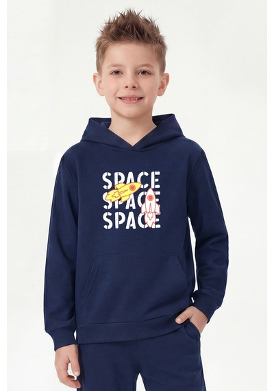 Fyk Kids Kanguru Cepli Kapüşonlu Baskı Detaylı Erkek Çocuk Sweatshirt Lacivert