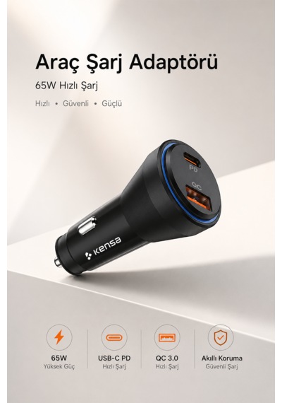 Kensa 65w Çift Portlu Hızlı Araç Şarj Cihazı Usb-c Pd & Usb-a Qc Akıllı Koruma 65w Araç Şarj Cihazı