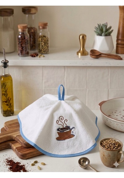 %100 Pamuk Yuvarlak Mutfak Havlusu 50 Cm 2 Li Set Yüksek Emicilik, Askı Halkalı, Nakışlı Şık Tasarım, Makinede Yıkanabilir Kurulama Bezi Beyaz