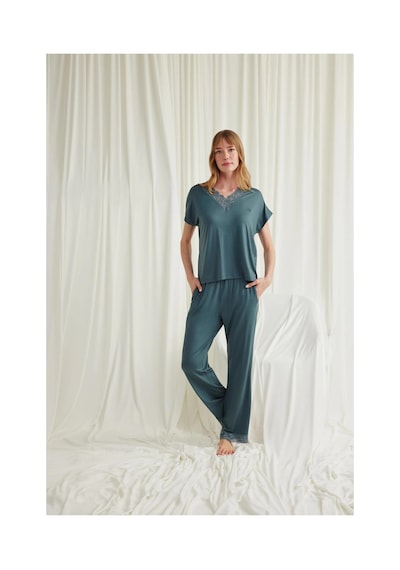 Aria's Closet Arias Closet Kısa Kollu V Yakalı Dantelli Pijama Takımı Yeşil
