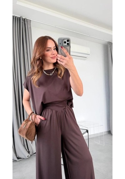 Defymoda Kadın Drapeli Korse Detay Modal Kumaş Ikili Takim Kahverengi