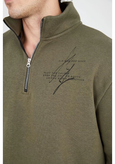 Erkek Yarım Fermuarlı Baskılı 3 İplik Pamuklu Sweatshirt - Yeşil