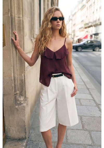 Sateen Fırfır Detaylı Askılı Bluz - Bordo-137726