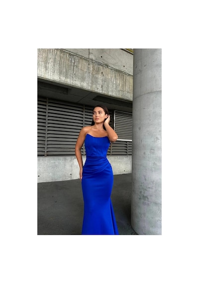 DefyModa Kadın Esnek Likralı Kumaş Straplez Maxi Abiye Elbise Saks