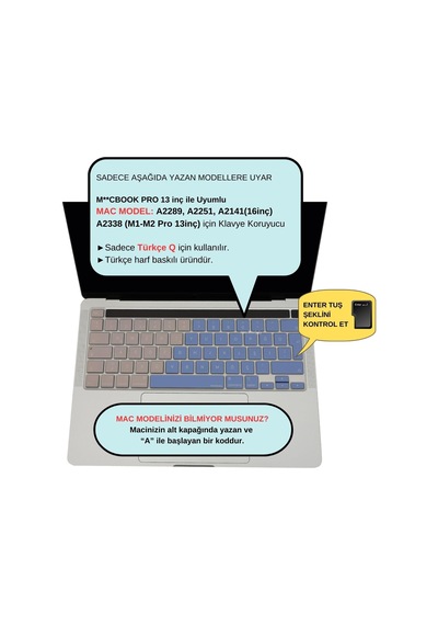 Apple Macbook Uyumlu Klavye Koruyucu Türkçe Q A2338 M1 M2 13 İnç A2251 A2289 A2141 16 İnç Uk Iso Ters L Enter Silikon Keyboard Cover Touch Bar Mavi Pembe