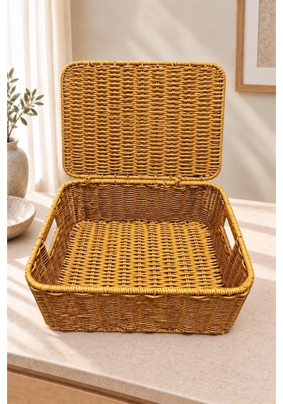 4 Lü Kapaklı Rattan Saklama Sepeti Seti Dolap İçi Organizer Çok Amaçlı Hasır Banyo Düzenleyici
