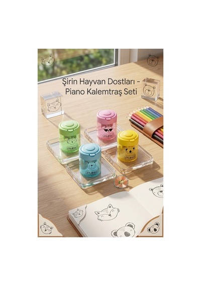 Hayvan Resimli Yuvarlak Kalemtraş 4 Adet Piano 555836 Hazneli Çift Bıçaklı Kalem Açacağı Plastik Kalemtıraş Kalem Traş Okul