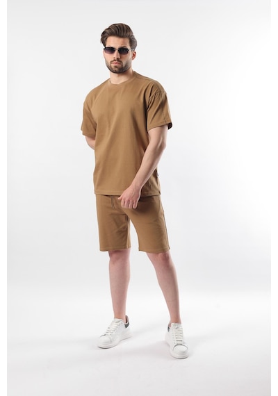 Madmext Kapüçino Overfit Baskılı Erkek Şort T-shirt Takım E7302 Kapuçino Sütlü Kahverengi