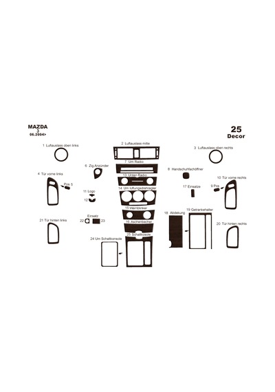 Mazda 3 Torpido Kaplama 2004-2009 25 Parça Koyu Meşe