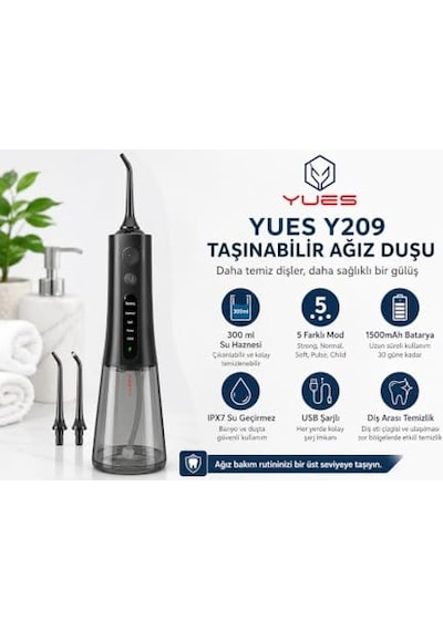 Yues Y209 Taşınabilir Ağız Duşu, Şarjlı Oral Irrigator, 300 Ml Su Hazneli Diş Duşu, 5 Modlu Diş Arası Temizleyici, Ipx7 Su Geçirmez, Usb Şarjlı, 2 Başlıklı