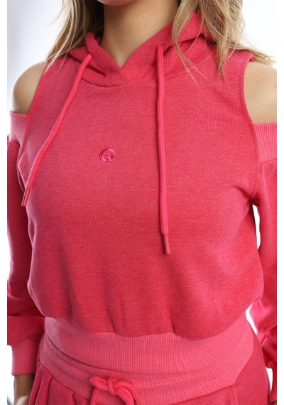 Kadın Kapüşonlu Omuz Dekolteli Sweatshirt Pembe