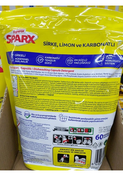 60 Lı Kapsül Asperox Sparx Diamond Bulaşık Makinesi Tableti Sirke Limon Karbonatlı
