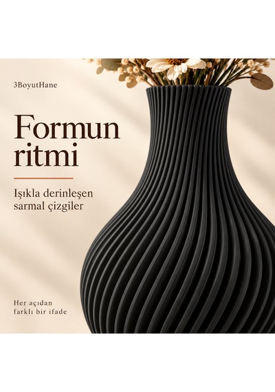 Sarmal Tasarım Dekoratif Vazo 20 Cm Kuru Ve Yapay Çiçek Vazosu Siyah