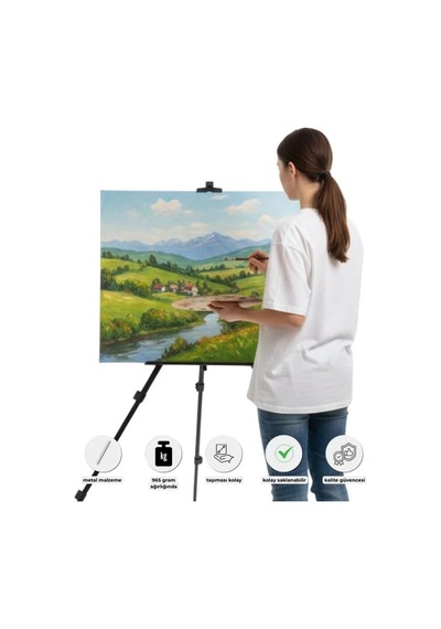 Temel Katlanabilir Metal Tripod Şövale - Ayarlanabilir, Taşıma Çantalı, Siyah
