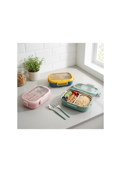 800 Ml Kapasiteli 2 Bölmeli Paslanmaz Çelik Lunch Box, Kilitli Kapak Ve Çatal Kaşık Dahil