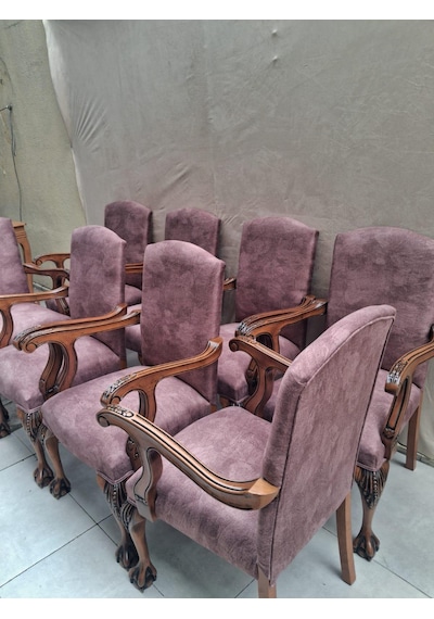 Sandalye Berjer Bengi 90622 Model Aslan Ayak Oymalı Gölge Desen Ceviz Boyalı 8 Adet Kahverengi