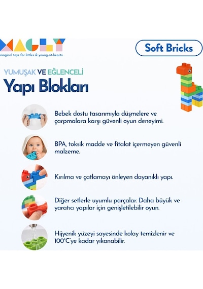 Magly Soft Bricks Yumuşak Yapı Blokları - Çocuklar İçin Renkli,silikon, Esnek 42 Parça Yapı Blok Seti Taşıma Çantalı