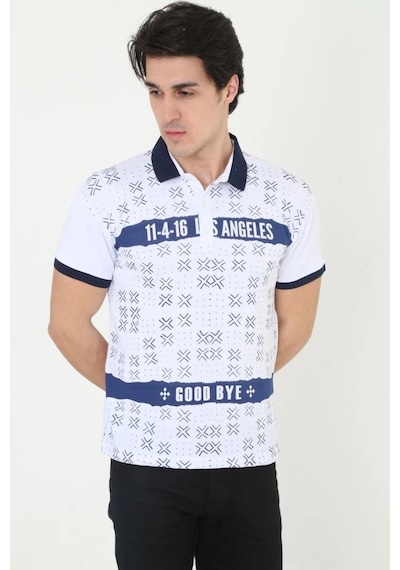 Erkek Polo Yaka Tişört Slim Fit Baskılı Kısa Kol T-shirt - Beyaz