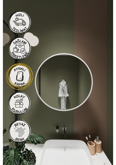 Oval Aynalı Banyo Dolabı Lavabo Üstü Kapaklı Banyo Aynası Duvar Dolabı Beyaz