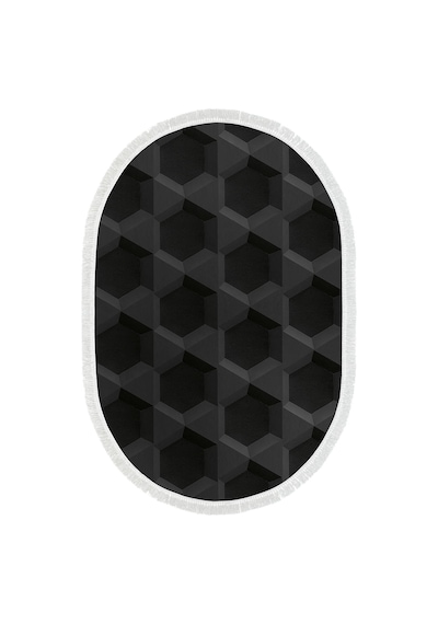 Kaymaz Dijital Mutfak & Salon Halı Trend Saçaklı Oval Geometrik E5016 Siyah