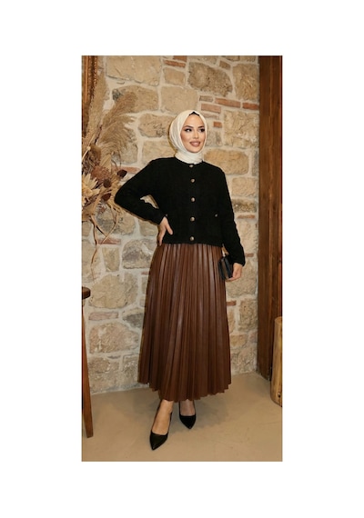 Unika Boutique Ince Piliseli Model Etek Acı Kahve