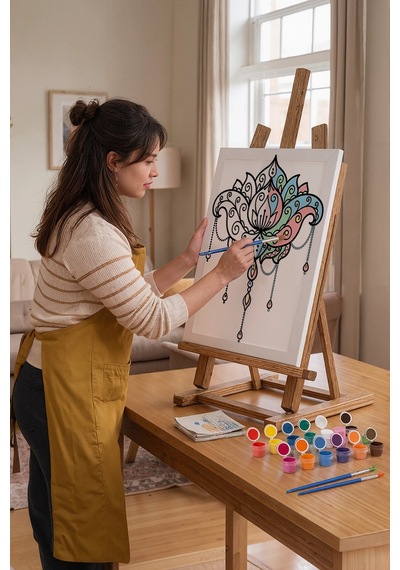 Lotus Çiçeği Desenli Mandala Tuval Boyama Seti 40x50 Cm