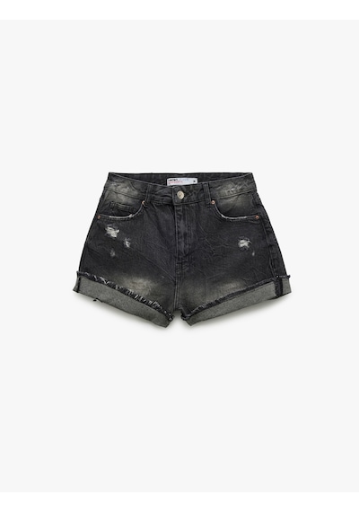 Koton Pamuklu Rahat Kalıp Katlı Paça Yırtık Denim Şort Siyah 5sal40012md Siyah
