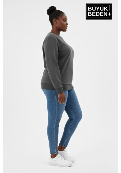 Superlife Kadın Büyük Beden Bisiklet Yaka Kollar Ve Etek Ribanalı İnce Sweatshirt Spr26bswk956 Füme